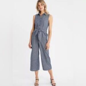 BANANA REPUBLIC Linen Blend Tie Front Chambray Jumpsuit Wide Leg Pockets Sz 12
